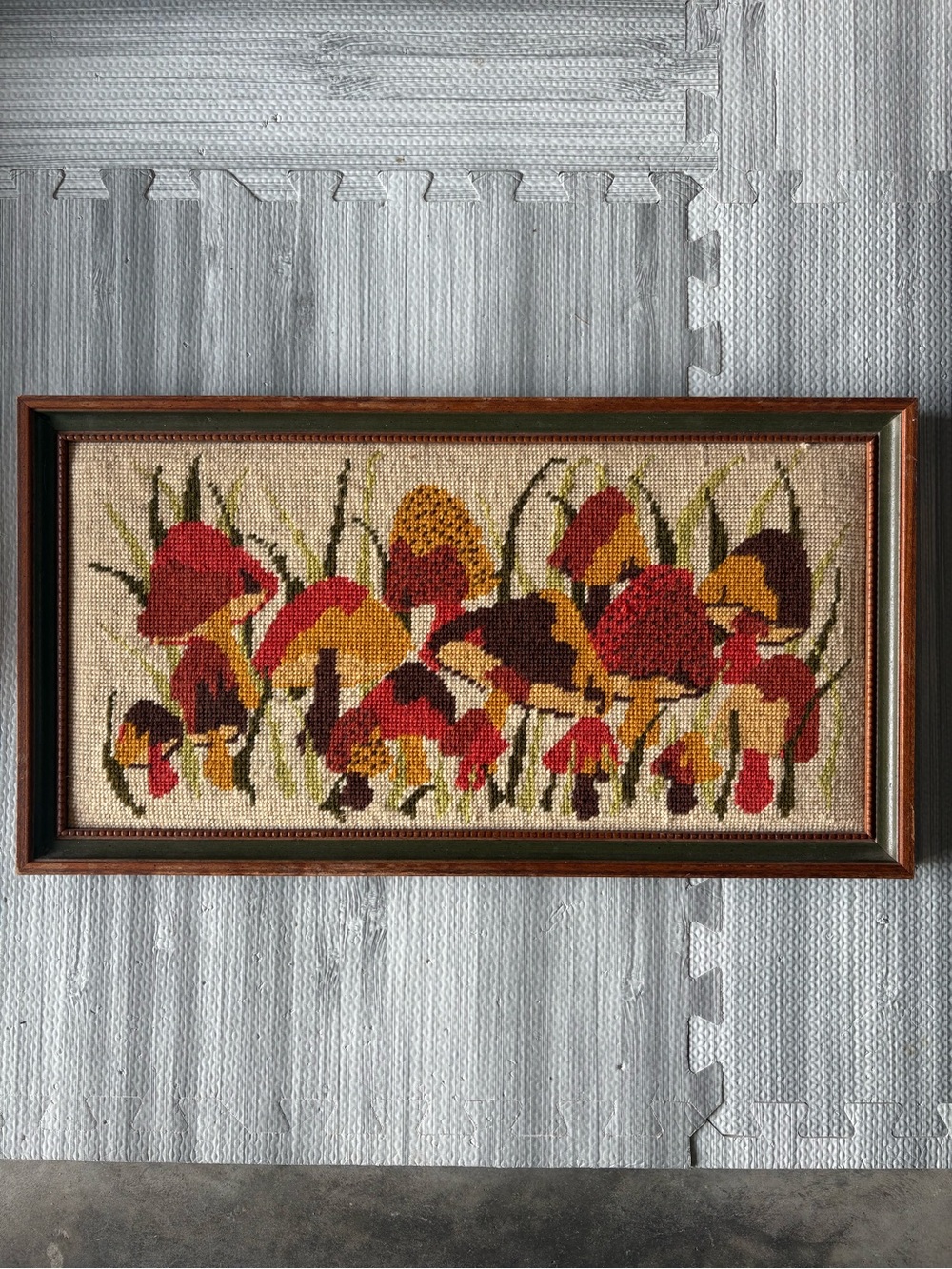 Vintage Multi-Colored Mushroom Crewel Embroidered Framed Art